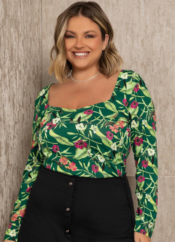 Quintess - Blusa Floral Verde Manga Longa Justa 4