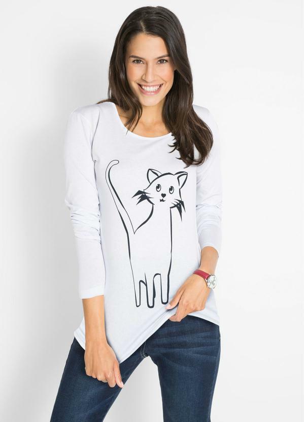 bonprix - Blusa Gatinho Mangas Longas Branca