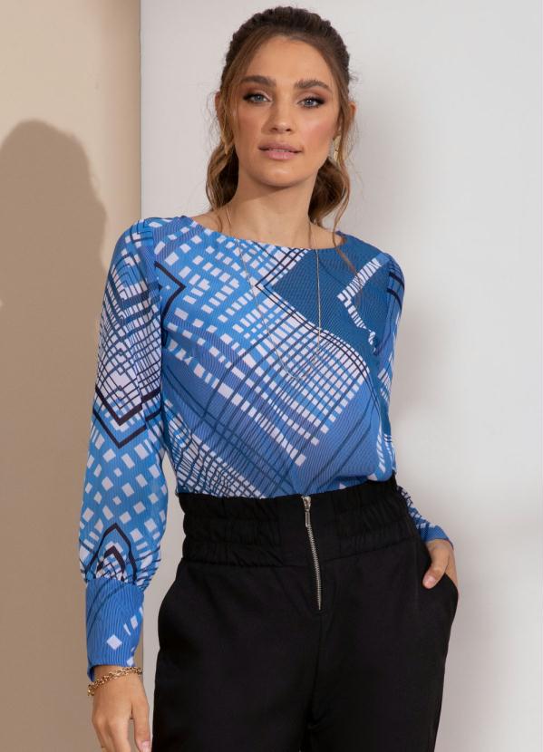 Quintess - Blusa Geométrico Azul com Mangas Bufantes
