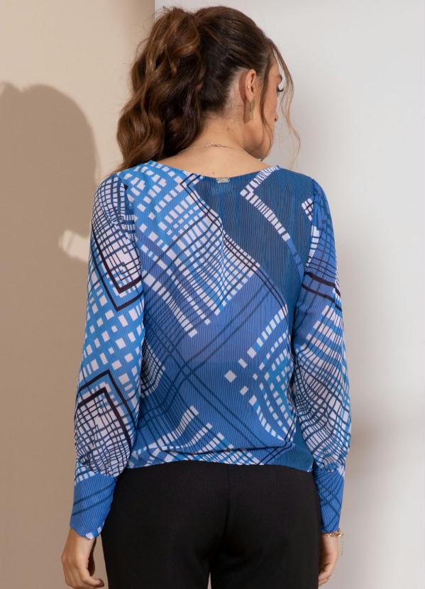 Quintess - Blusa Geométrico Azul com Mangas Bufantes 2