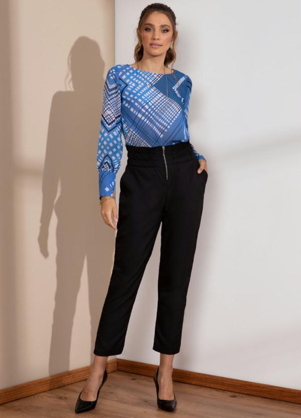 Quintess - Blusa Geométrico Azul com Mangas Bufantes 3