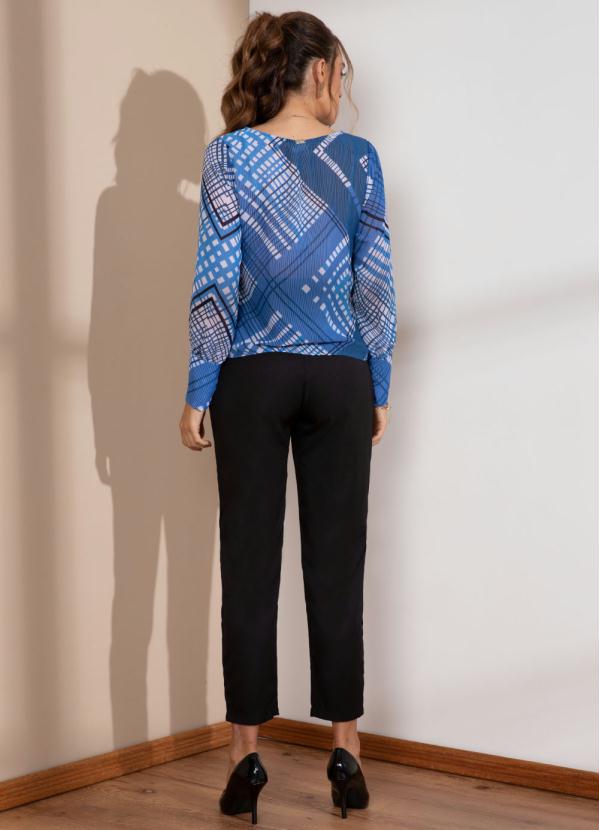Quintess - Blusa Geométrico Azul com Mangas Bufantes 4