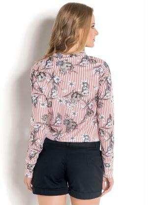 Moda Pop - Blusa Gola Laço Rosa Estampa Listras e Floral - MODA POP