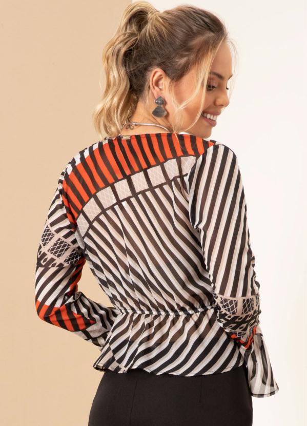 Quintess - Blusa Listrado Étnico Transpassada Mangas Longas 2