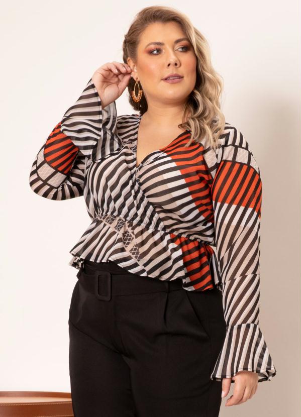 Quintess - Blusa Listrado Étnico Transpassada Mangas Longas 5