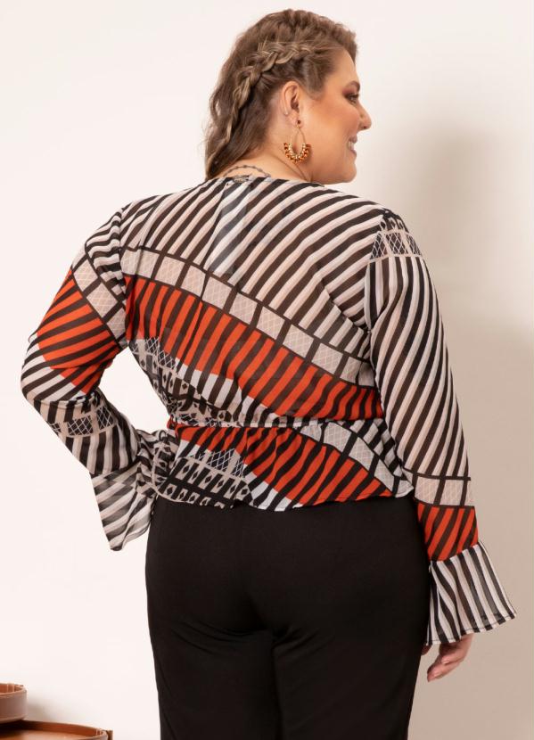 Quintess - Blusa Listrado Étnico Transpassada Mangas Longas 6