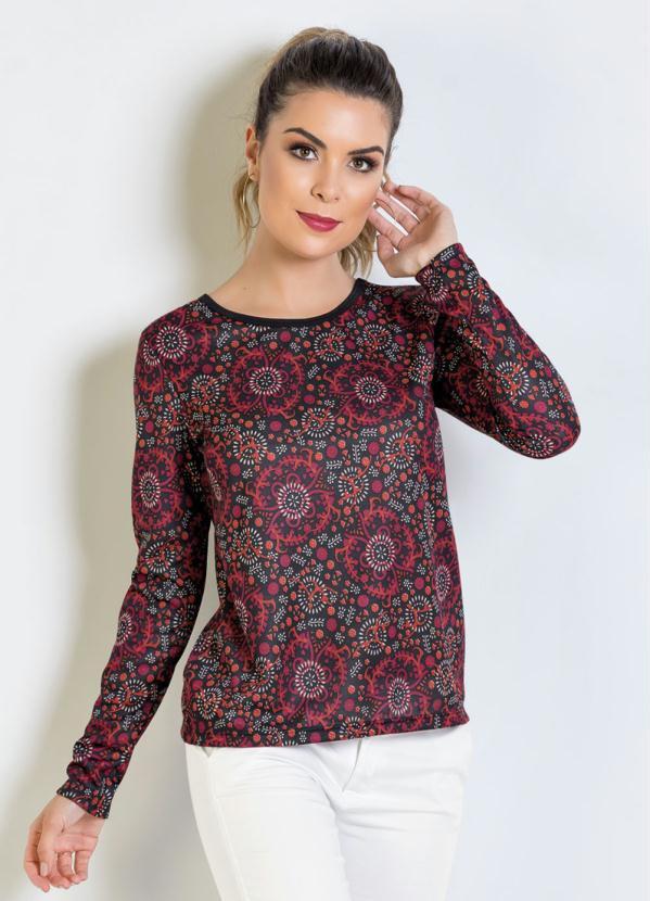 Outlet - Blusa Manga Longa Arabescos com Decote Redondo