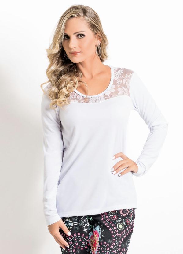 Outlet - Blusa Manga Longa Branca com Recortes em Renda 2