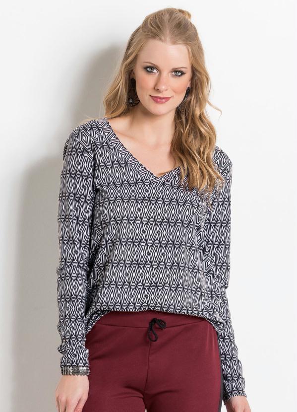 Outlet - Blusa Manga Longa Geométrica com Decote em V