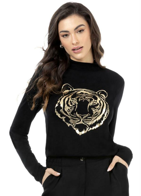 Miss Peck - Blusa Manga Longae Gola Molde Preto
