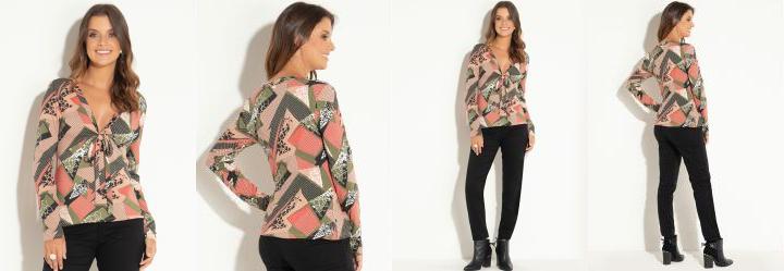 Blusa Mangas Longas com Amarra��o Geom�trica