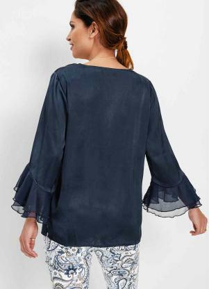 Outlet - Blusa Mangas Longas com Babados Azul Marinho - OUTLET