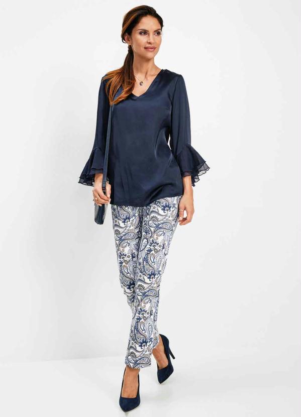 Queima Estoque - Blusa Mangas Longas com Babados Azul Marinho 3