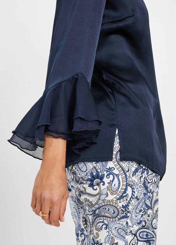 Queima Estoque - Blusa Mangas Longas com Babados Azul Marinho 4