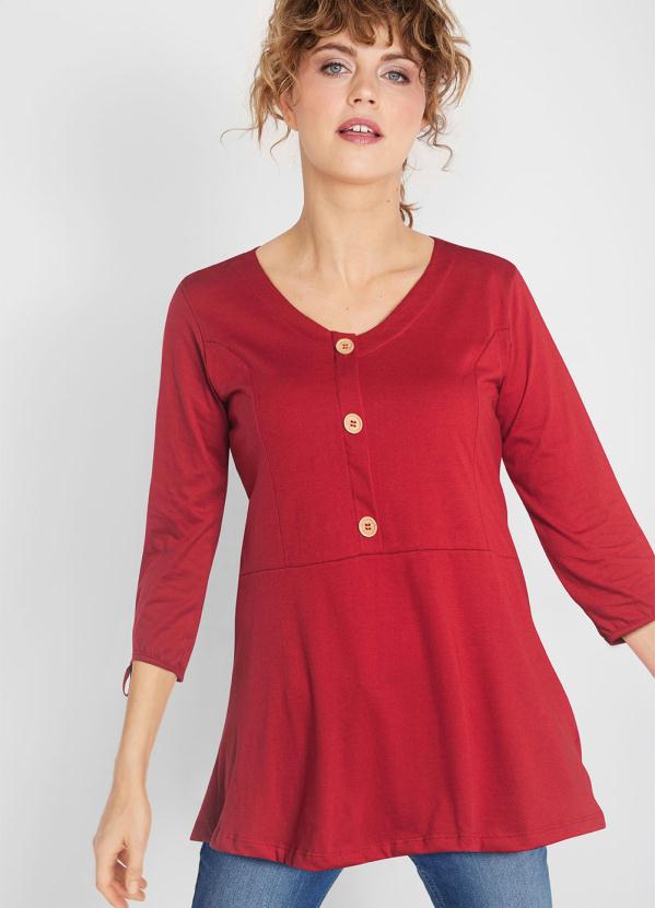 Outlet - Blusa Mangas Longas e Decote com Botões Vermelha