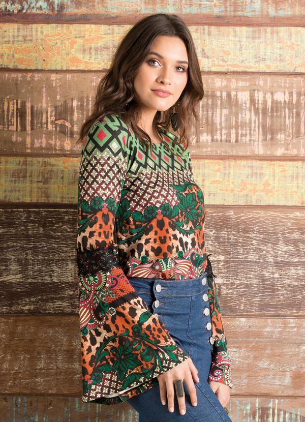 Quintess - Blusa Mangas Sino com Renda Estampa Mix