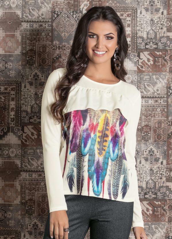 Outlet - Blusa Off White e Penas com Babado Frontal