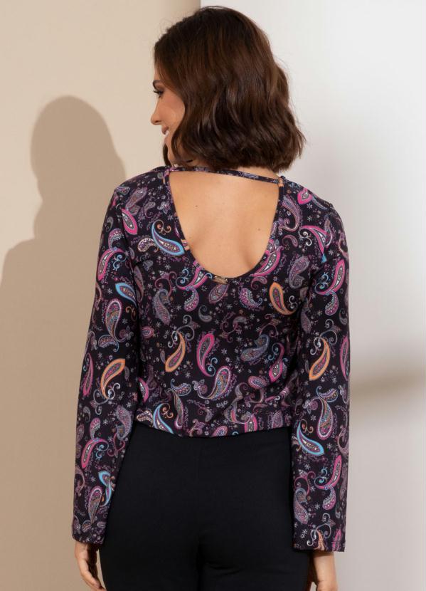 Quintess - Blusa Paisley Preto Mangas Longas em Sino 2