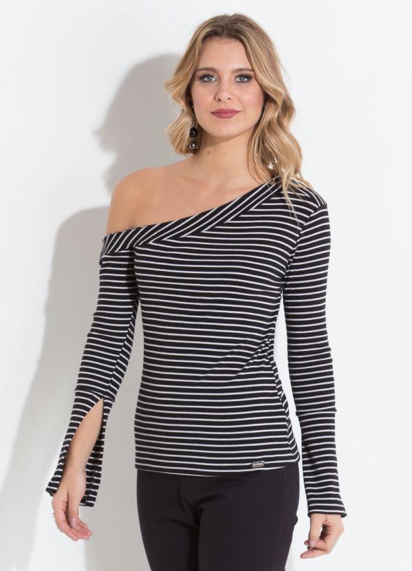 Quintess - Blusa Preta e Branca Quintess Estampa Listrada