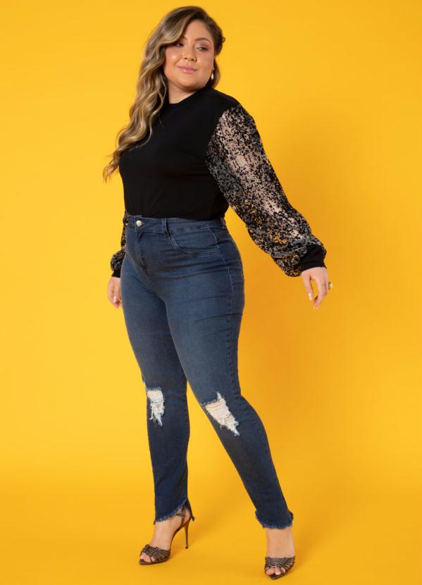 Quintess - Blusa Preto Mangas Bufantes com Transparência 10