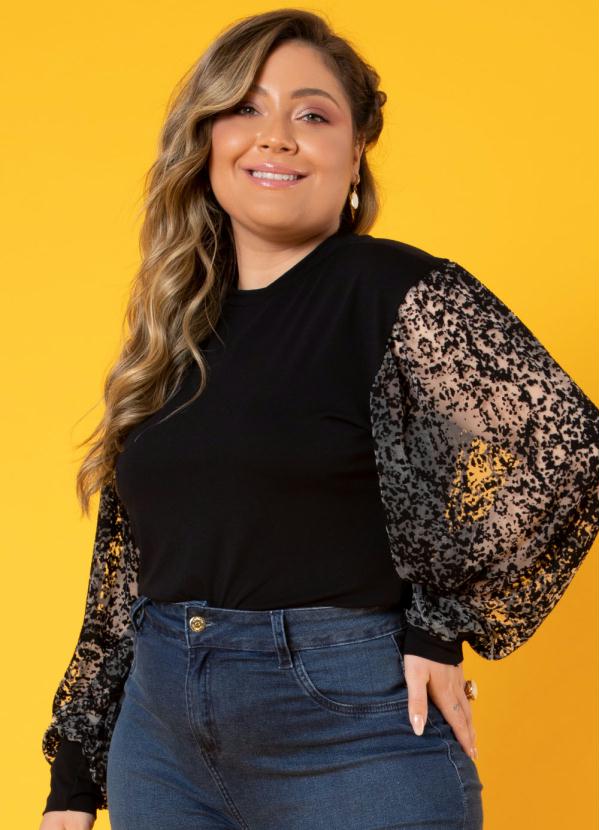 Quintess - Blusa Preto Mangas Bufantes com Transparência 6