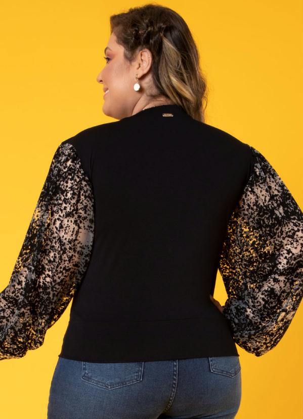 Quintess - Blusa Preto Mangas Bufantes com Transparência 7