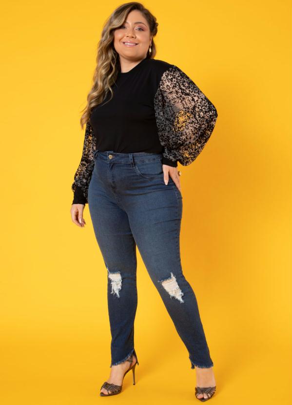 Quintess - Blusa Preto Mangas Bufantes com Transparência 8