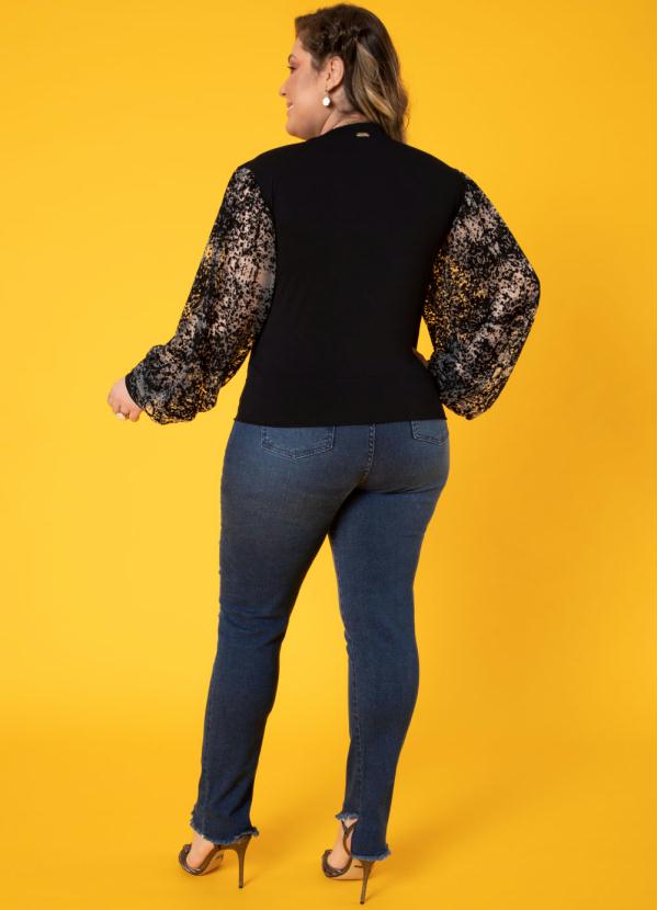 Quintess - Blusa Preto Mangas Bufantes com Transparência 9