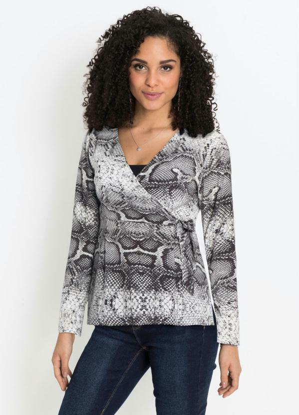 bonprix - Blusa Transpassada Animal Print Cobra Cinza