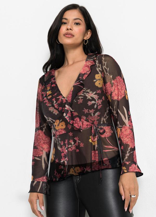 bonprix - Blusa Transpassada Floral Dark