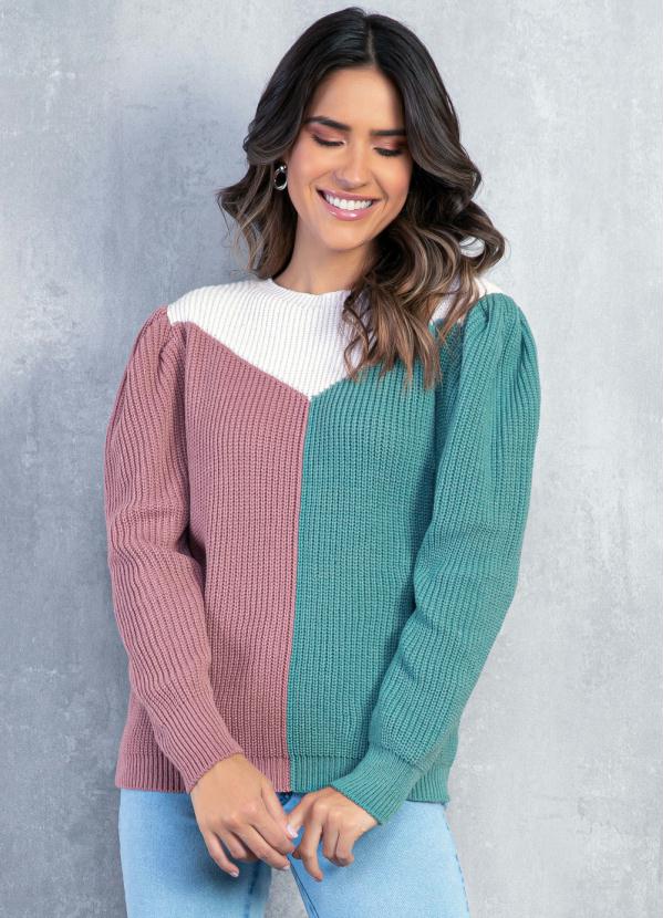Quintess - Blusa Tricolor em Tricot Mangas Bufantes