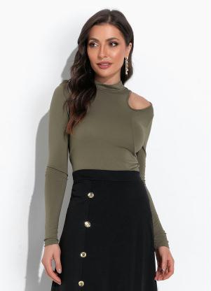Moda Pop - Blusa Verde Militar em Malha de Viscose - MODA POP