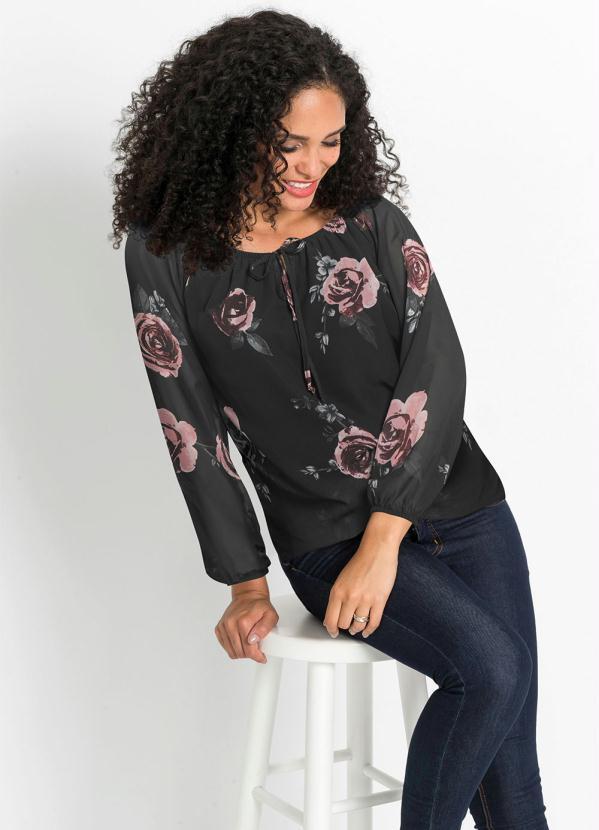 Blusa Ombro A Ombro Floral Preto Bonprix