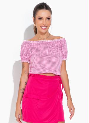 Moda Pop - Blusa Xadrez com Decote Ombro a Ombro - MODA POP