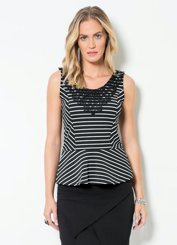 Multimarcas - Blusa Peplum Mink Listrada e com Renda no Decote