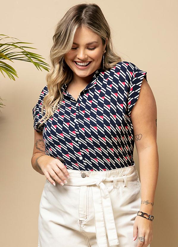 Quintess - Blusa Soltinha Geométrico Marinho com Botões 6