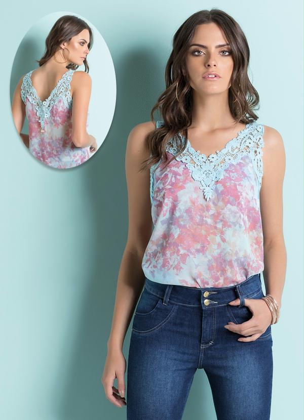 Quintess - Regata com Detalhe de Guipir Floral Azul