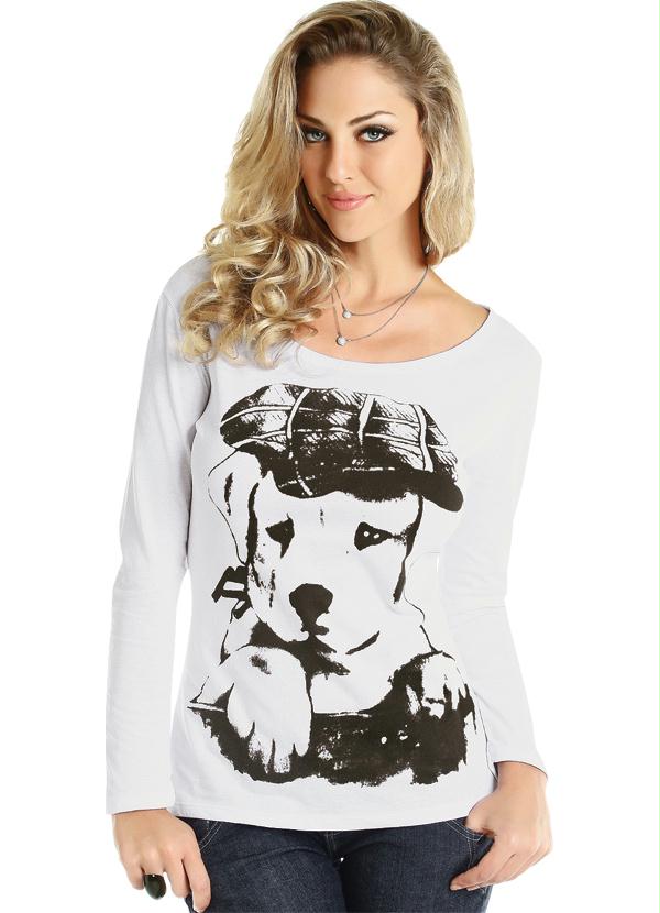 Outlet - Blusa Branca Manga Longa com Estampa Frontal