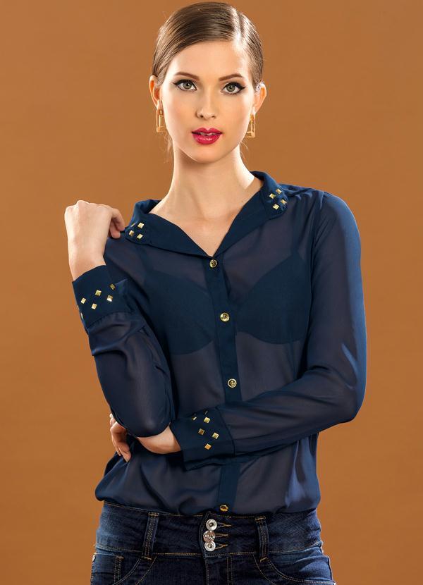 Quintess - Camisete Chiffon Marinho com Aplicações Douradas