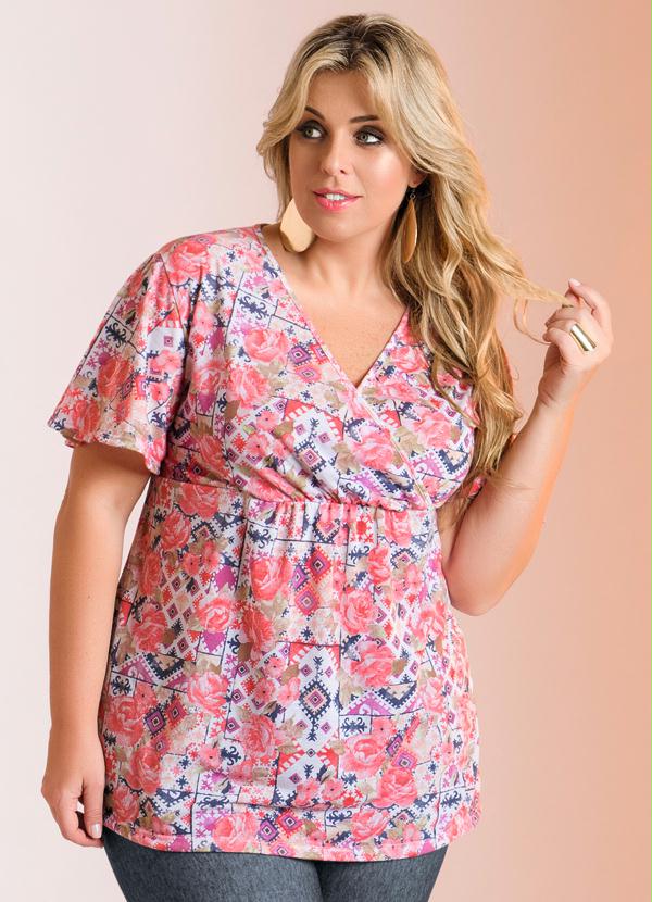 Marguerite - Blusa Bata Decote V Mix Flores Plus Size