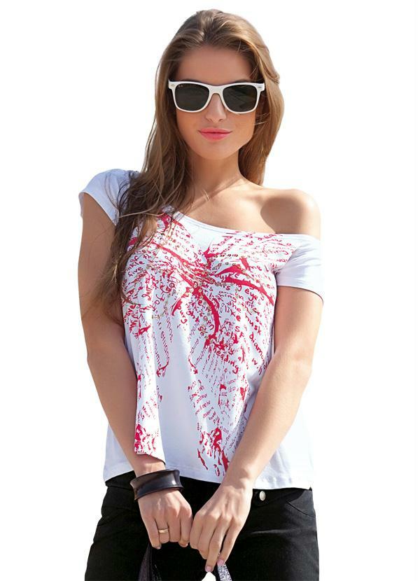 Quintess - Blusa Branca Estampada com Recorte nas Costas
