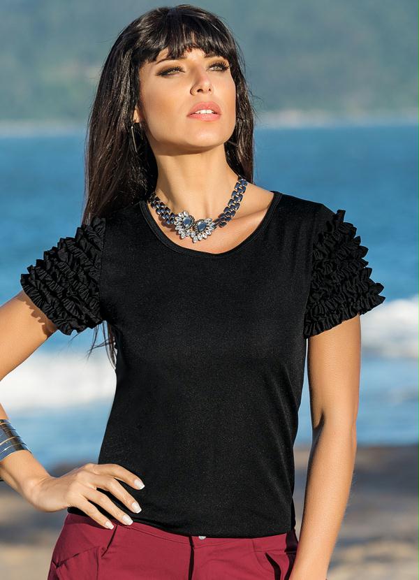 Outlet - Blusa com Babados nas Mangas Preta