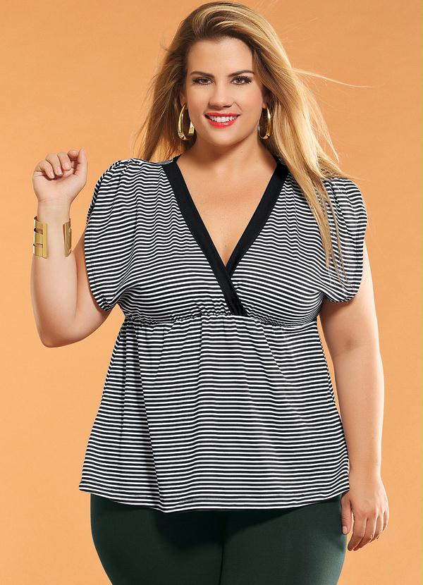 Marguerite - Blusa Decote V Listrada Plus Size