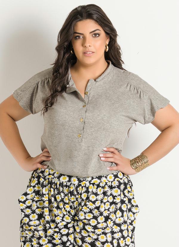 Marguerite - Blusa Detalhe Franzido no Ombro Cinza Plus Size