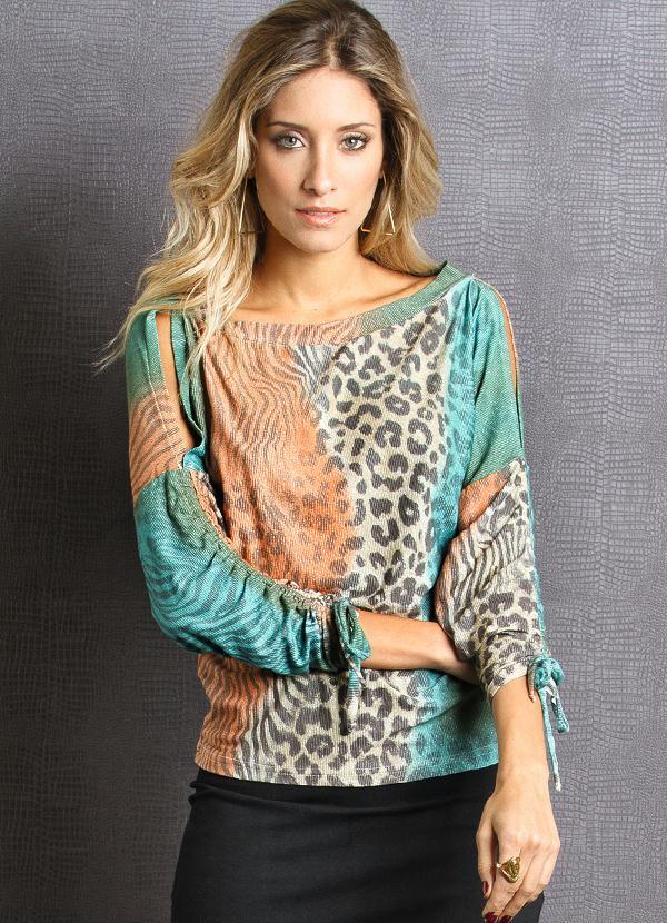 Quintess - Blusa Estampada Manga 7/8 e Decote Canoa