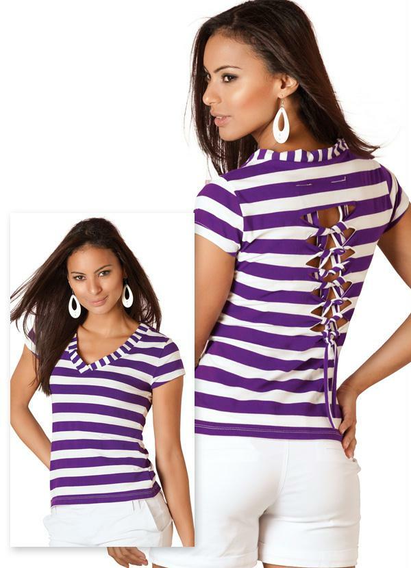 Quintess - Blusa Listrada com Detalhe nas CostasRoxa/Branca