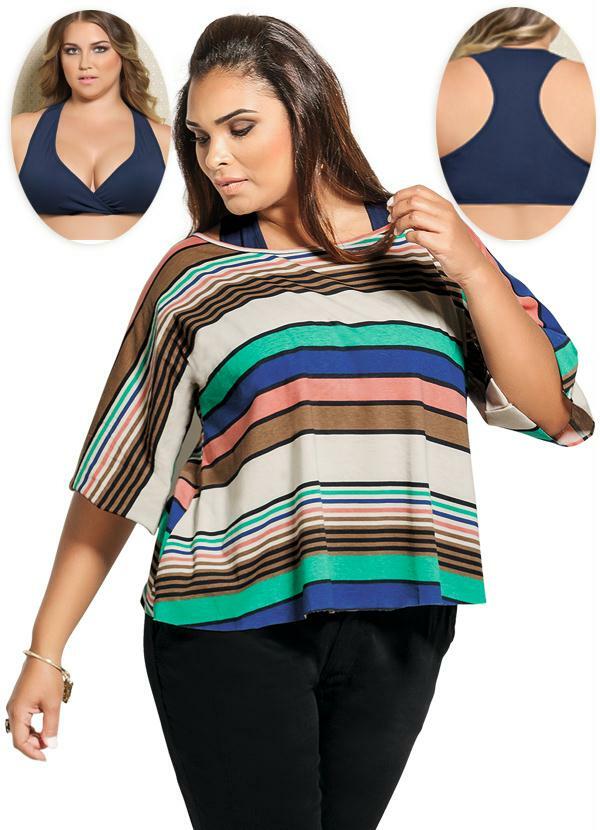 Quintess - Blusa Listrada Plus Size Acompanha Top