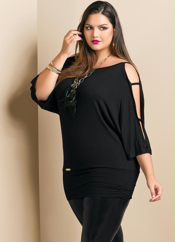 Quintess - Blusa Plus Size com Abertura nas Mangas Preta