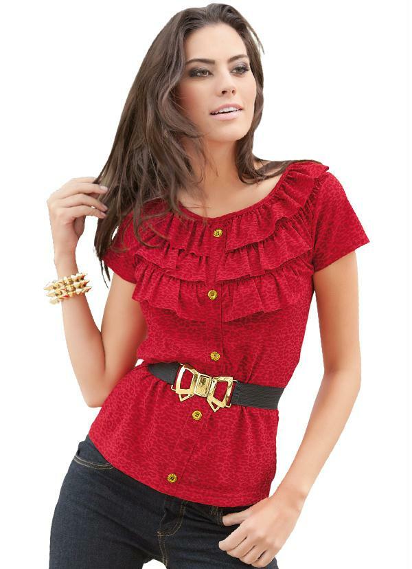 Quintess - Blusa Vermelha Estampada com Babados
