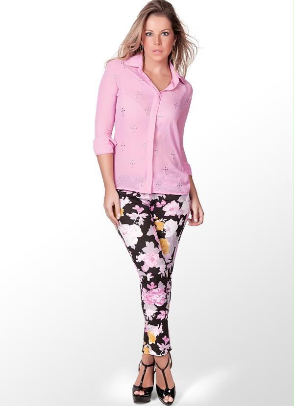 Quintess - Camisa com Estampa de Cruz e Transparência Rosa 3